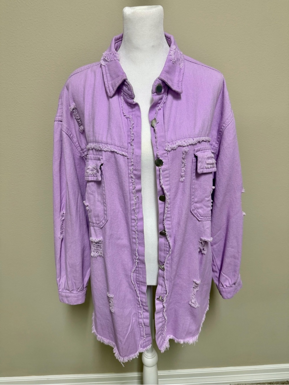 Lilac Distressed Frayed Hem Oversized Jean Jacket Size Small